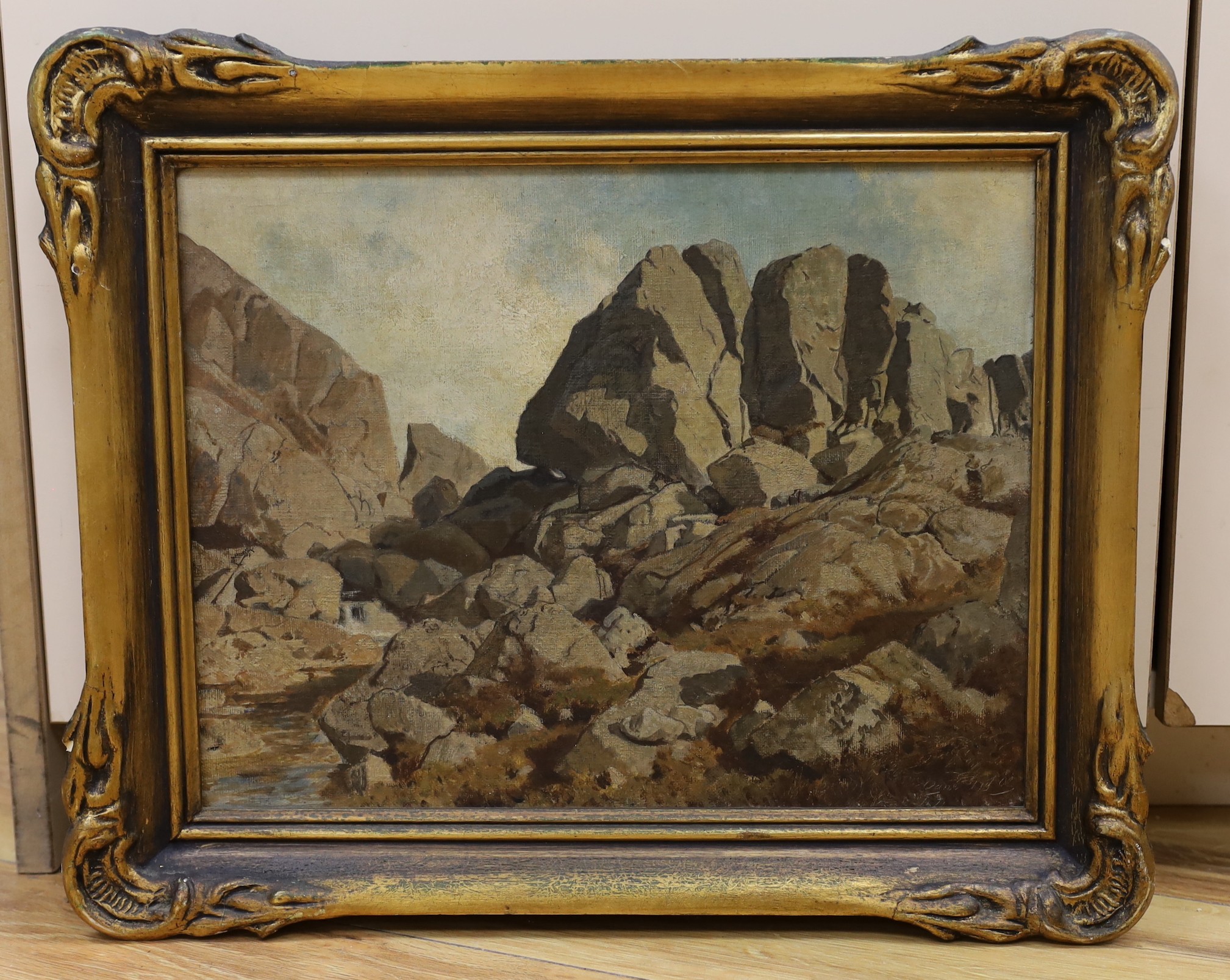 Norwegian School, oil on canvas, Study of a rocky coastline, indistinctly inscribed and dated 1900, 27 x 35cm, Oslo framers label verso